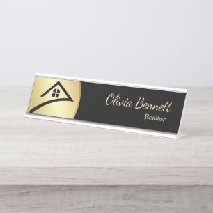 Porte-nom Pour Bureau Élégant Noir & Or