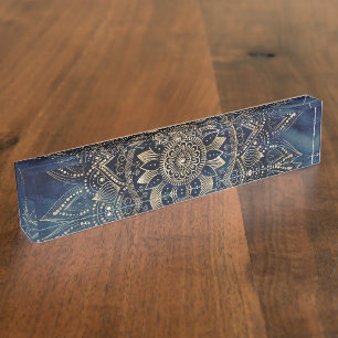Porte-nom Pour Bureau Elégant or Mandala Blue Galaxy Design
