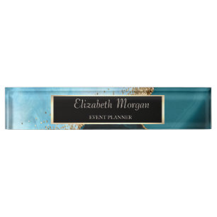 Porte-nom Pour Bureau Élégant paillettes dorées Marbre Turquoise, Cadre