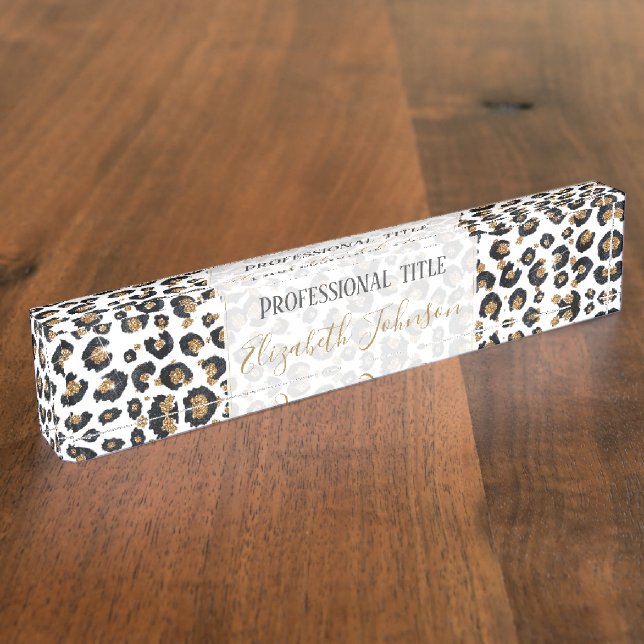 Porte-nom Pour Bureau Élégant Parties scintillant d'or Motif Leopard (Taille)