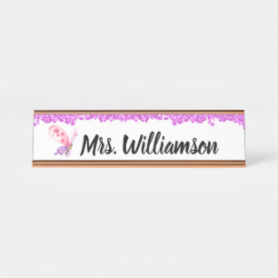 Porte-nom Pour Bureau Élégant Pink Girly Sparkle Papillon enseignant