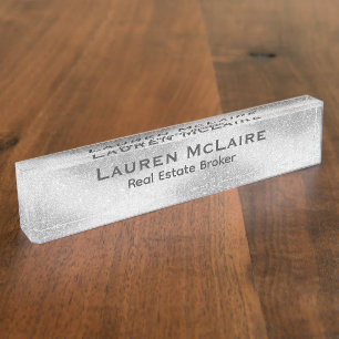 Porte-nom Pour Bureau Élégant Platine & Diamants Professionnel