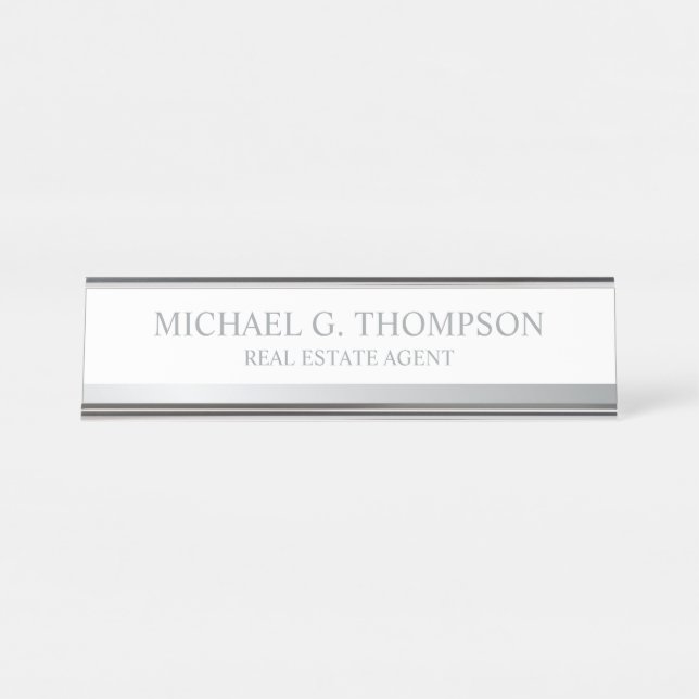 Porte-nom Pour Bureau Élégant professionnel blanc et argent (Devant)