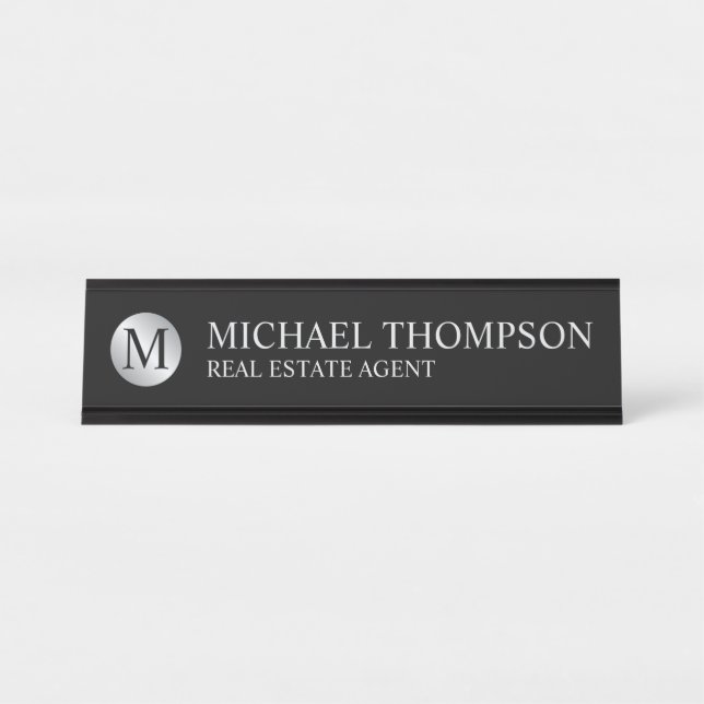 Porte-nom Pour Bureau Élégant professionnel noir et argent (Devant)