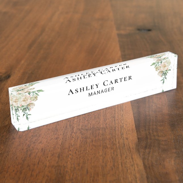 Porte-nom Pour Bureau Elégant Rose floral rose blanc Directeur (Taille)