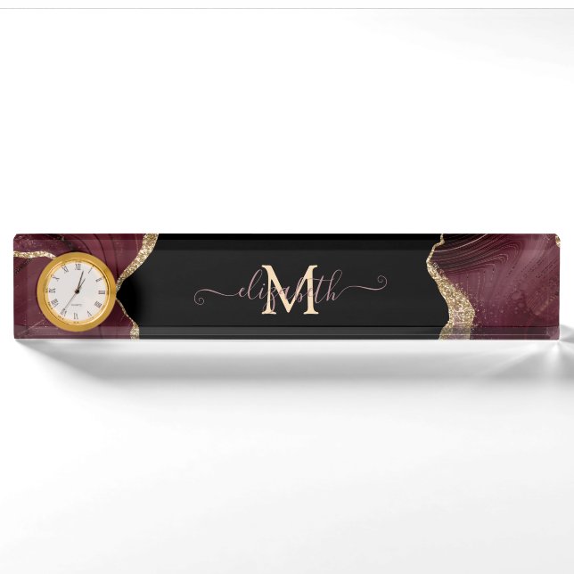 Porte-nom Pour Bureau Elegant Stylish Gold Glitter Burgundy Agate (Devant)