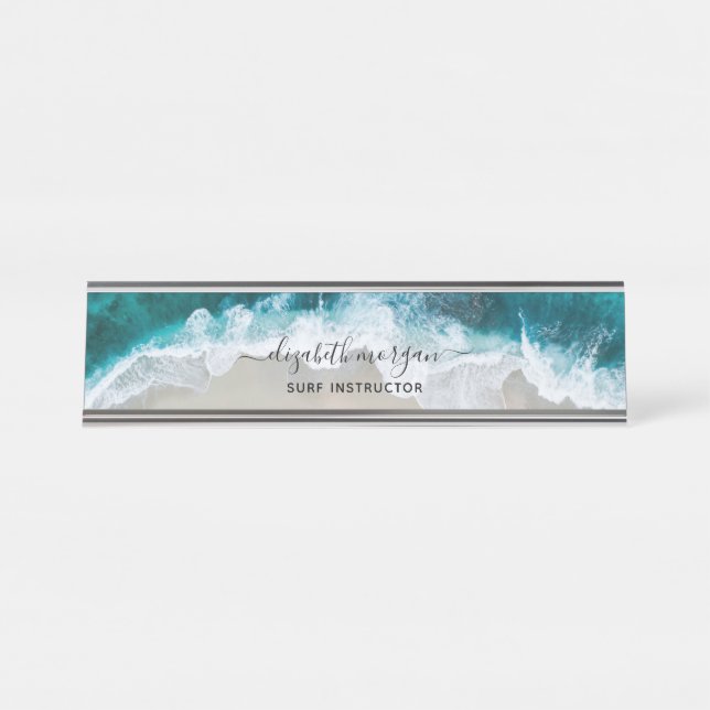 Porte-nom Pour Bureau Élégant Surf de script Blue Green Beach Instructeu (Devant)
