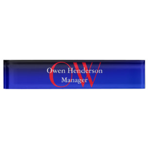 Porte-nom Pour Bureau Élégant Unique Bleu Rouge Gras Texte Monogramme