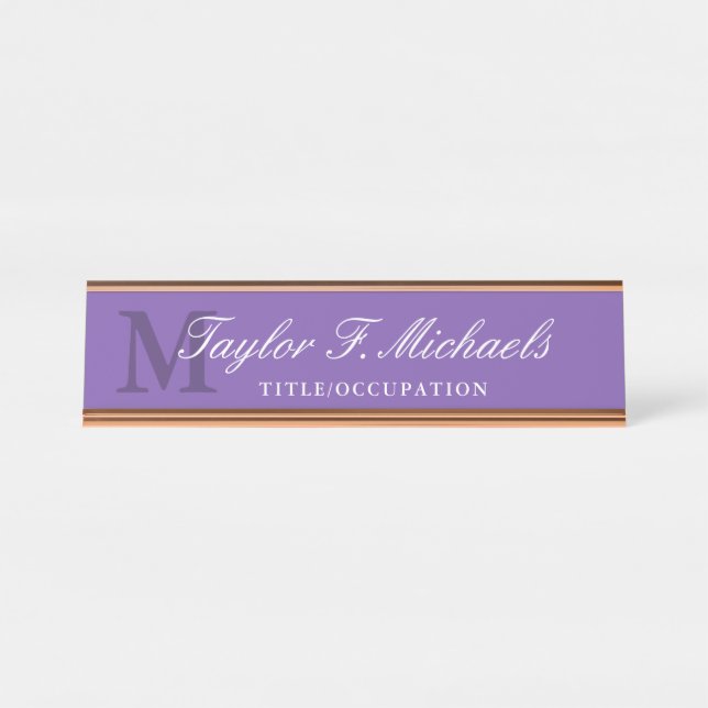 Porte-nom Pour Bureau Élégant violet monogramme et nom (Devant)