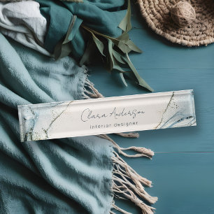 Porte-nom Pour Bureau Elégante Aquarelle douce Abstraite Bleu Plage Or