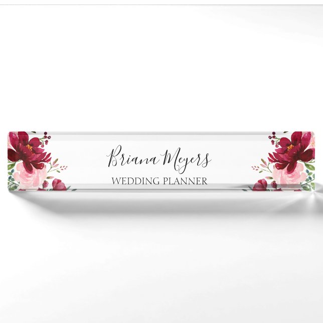 Porte-nom Pour Bureau Elégante aquarelle Floral Blush Bourgogne (Devant)