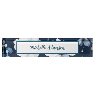 Porte-nom Pour Bureau Elégante Fleurs Bleues Bleues Bleues Rétro