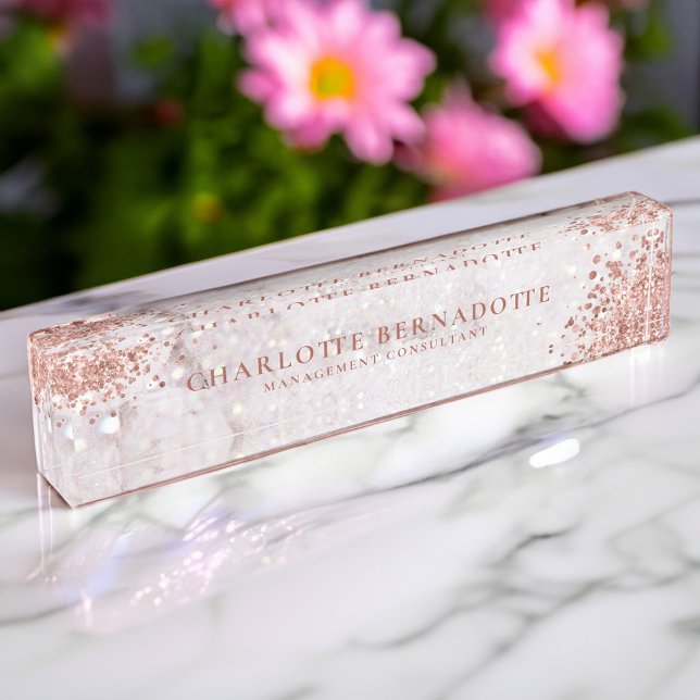 Porte-nom Pour Bureau Élégante Marbre blanc  Rose étincelant Parties sci (Elegant White Marble Sparkle Rose Gold Glitter Desk Name Plate)