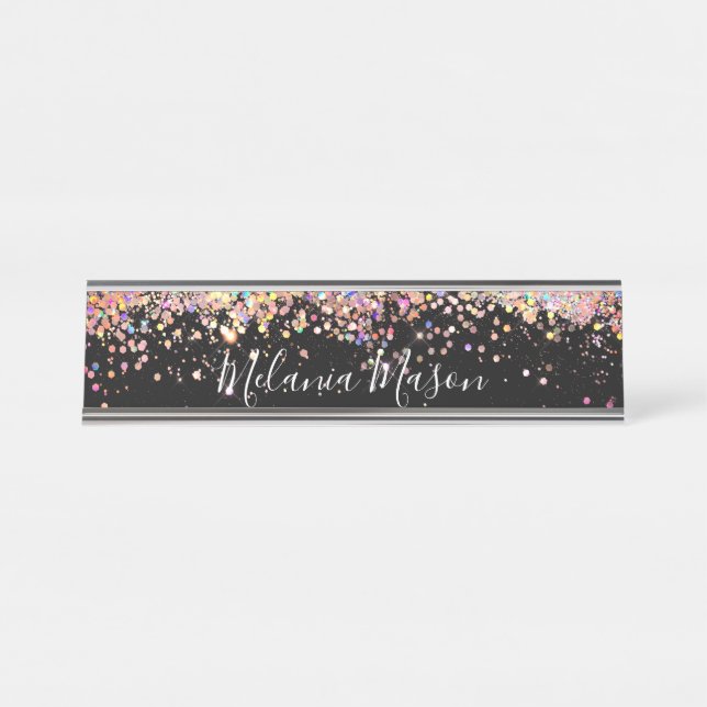 Porte-nom Pour Bureau Élégante Parties scintillant holographique Noir (Devant)