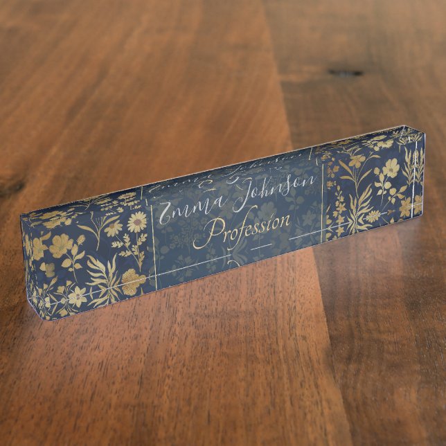 Porte-nom Pour Bureau Élégantes Fleurs d'or Bleu Botanique (Taille)