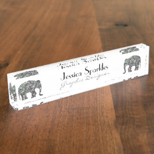 Porte-nom Pour Bureau Élément scintillant en mosaique argentée éléphant