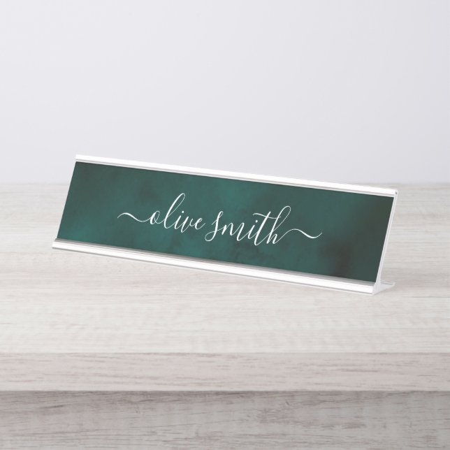 Porte-nom Pour Bureau Émeraude aquarelle Nom du monogramme (Devant)