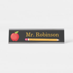 Porte-nom Pour Bureau Enseignant Apple et crayon Noir moderne