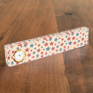 Porte-nom Pour Bureau Étoiles rouges et bleues, 4 juillet, fond beige