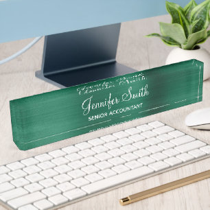 Porte-nom Pour Bureau Faux Hunter Green Foil avec titre de poste