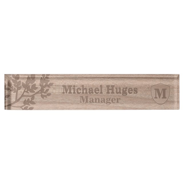 Porte-nom Pour Bureau Feuille en bois gravé Nom vintage monogramme (Devant)