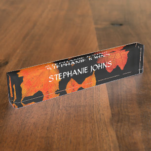 Porte-nom Pour Bureau Feuilles d'automne Orange Nom Monogrammé Noir 202