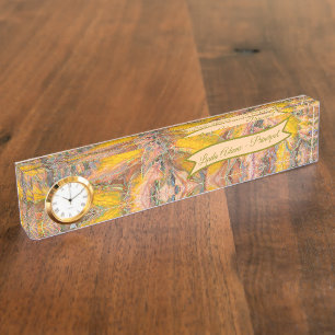 PORTE-NOM POUR BUREAU FEUILLES/JAUNE, VERT ET ROSE PÊCHE/PERSONNALISÉ