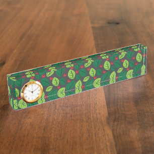 Porte-nom Pour Bureau Feuilles verts, Berries Rouges, Motif Des Feuilles