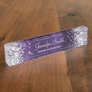 Porte-nom Pour Bureau Fille Glitterie Argent Violet foncé Phuile