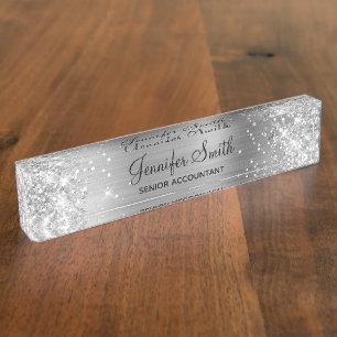 Porte-nom Pour Bureau Fille Glittery Argent Faux Foil