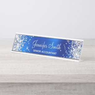 Porte-nom Pour Bureau Fille Glittery Argent Faux Royal Blue Foil