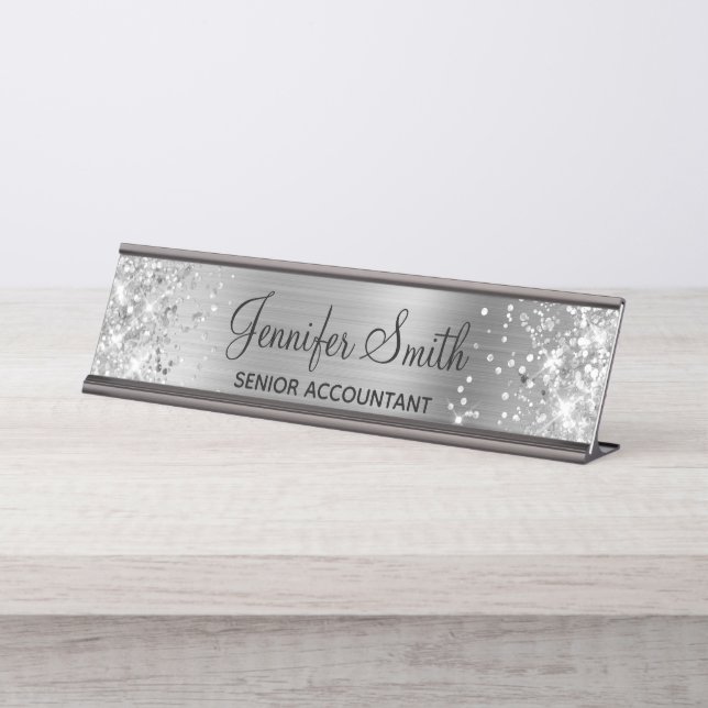 Porte-nom Pour Bureau Fille Glittery Faux Silver Foil (Devant)