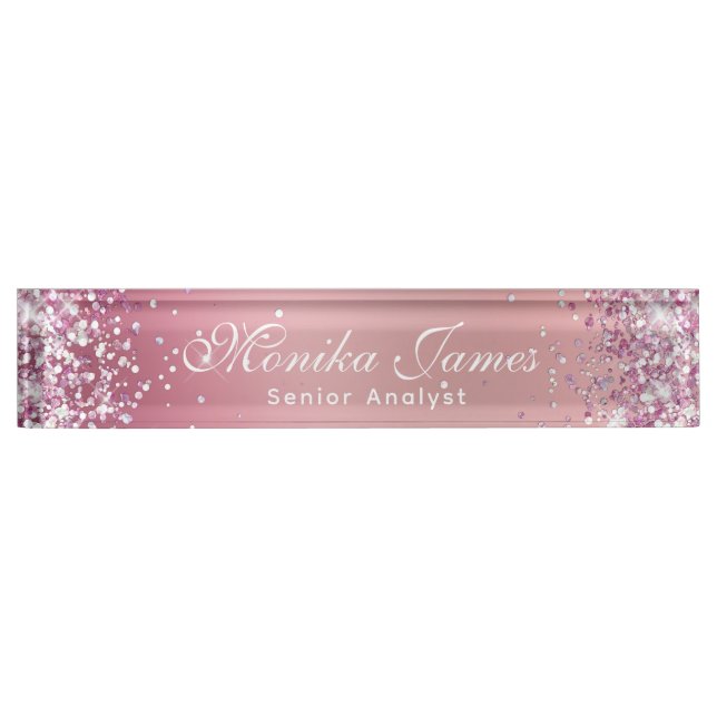 Porte-nom Pour Bureau Fille Glittery Holographique Faux Rose Gold Custom (Devant)
