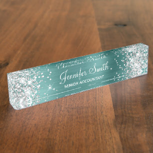 Porte-nom Pour Bureau Fille Parties scintillant Argent Faux Aqua Turquoi