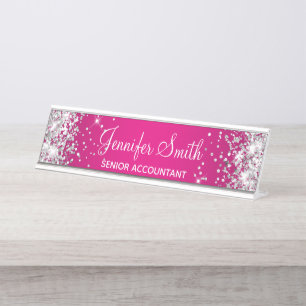 Porte-nom Pour Bureau Fille Parties scintillant Argent Pink Hot Gradient