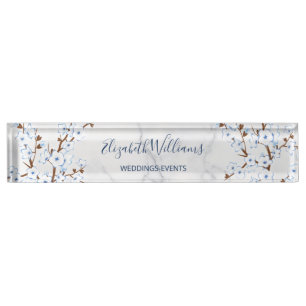 Porte-nom Pour Bureau Fleur de cerisier blanc Marbre bleu