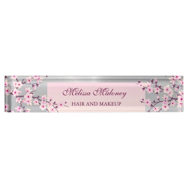 Porte-nom Pour Bureau Fleur de cerisier rose Argent (Devant)