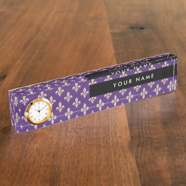 Porte-nom Pour Bureau Fleur de Lis, Beige on Purple, Royal, Your Name (Taille)