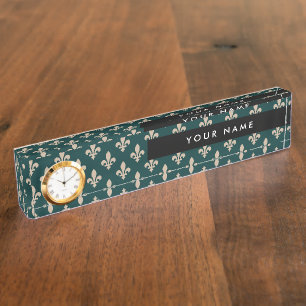 Porte-nom Pour Bureau Fleur de Lis Motif, Français, Royal, Crème, Vert
