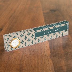 Porte-nom Pour Bureau Fleur de Lis Motif, Français, Royal, Vert