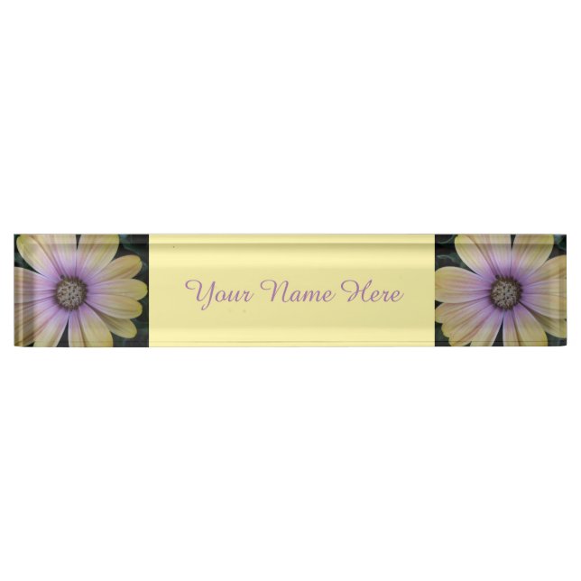 Porte-nom Pour Bureau Fleur marguerite jaune et violet (Devant)