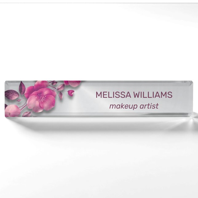Porte-nom Pour Bureau Fleur métallique rose brillant Argent (Devant)