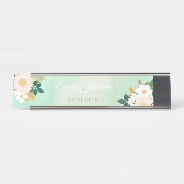 Porte-nom Pour Bureau Fleurs blanches romantiques Conception de l'aquare (Devant)