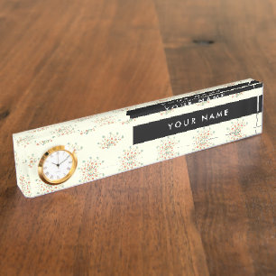 Porte-nom Pour Bureau Fleurs bleues et rouges, noires, votre nom