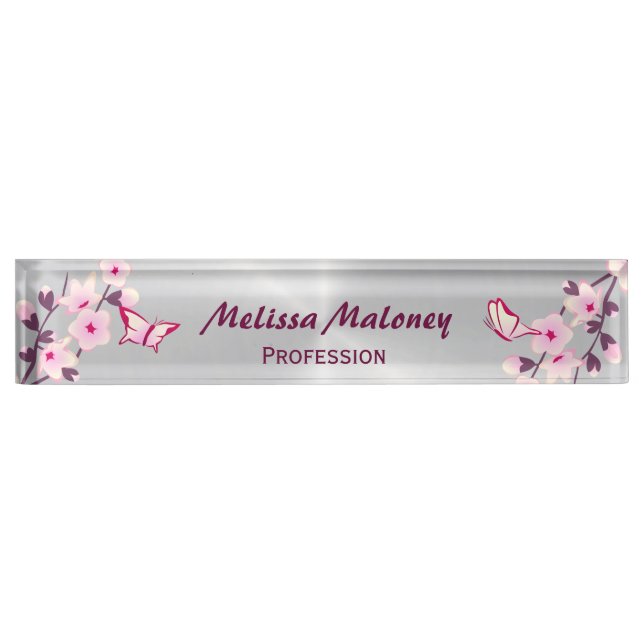 Porte-nom Pour Bureau Fleurs De Cerise Et Papillons Roses Argent (Devant)