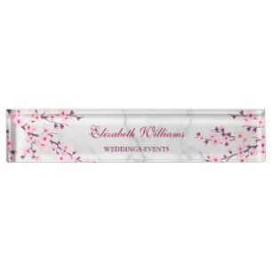 Porte-nom Pour Bureau Fleurs florales de cerisier Marbre gris rose