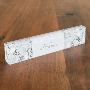 Porte-nom Pour Bureau Fleurs grises Peinture Botanique