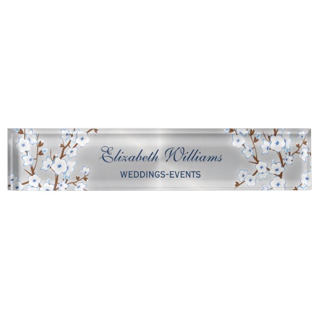 Porte-nom Pour Bureau Floral Cerisier Fleur Blanc Bleu Argent (Devant)