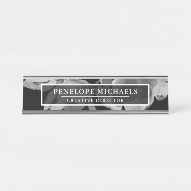 Porte-nom Pour Bureau Floral noir et blanc (Devant)