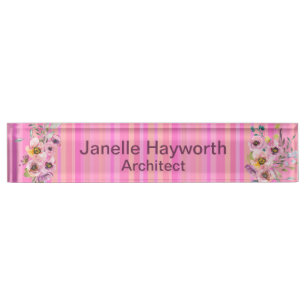 Porte-nom Pour Bureau Flore rose et violet personnalisable